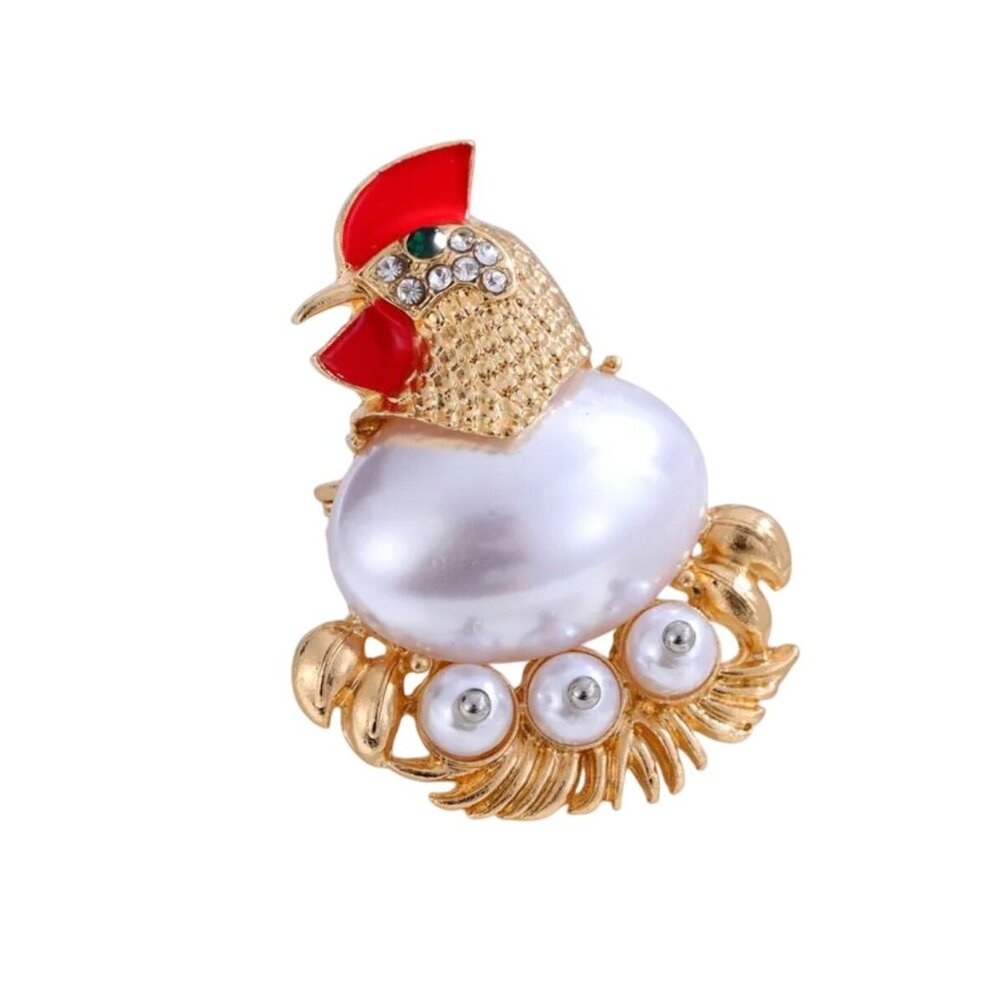 Chicken Hen Brooch With Imitation Pearl & Rhinestones Gold Tone